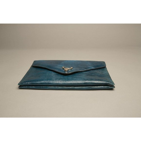 Blue Envelope Clutch Embossed Leather Bag Vintage Gift Accessories Made in Korea - Picture 6 of 7